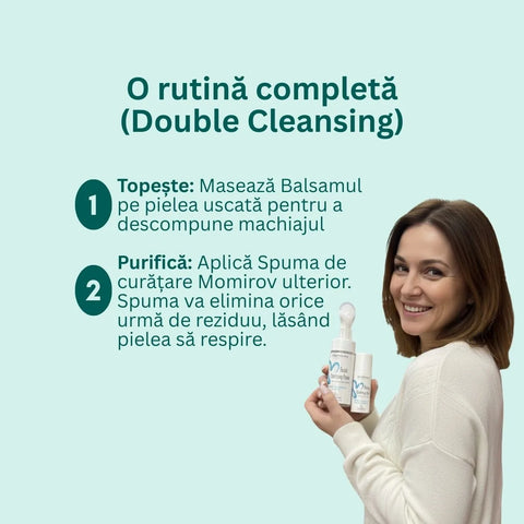 Kit demachiant cu spumă de curățare, balsam pentru topirea machiajului și prosop din bumbac spa + borsetă cadou