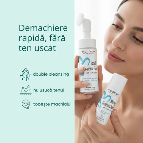 Kit demachiant cu spumă de curățare, balsam pentru topirea machiajului și prosop din bumbac spa + borsetă cadou